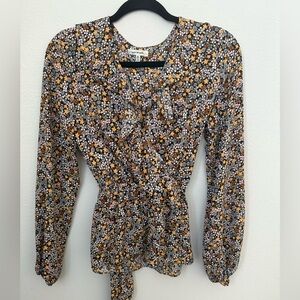 Max Studio Ruffled Peplum Floral Wrap Blouse with Scalloped Collar Medium